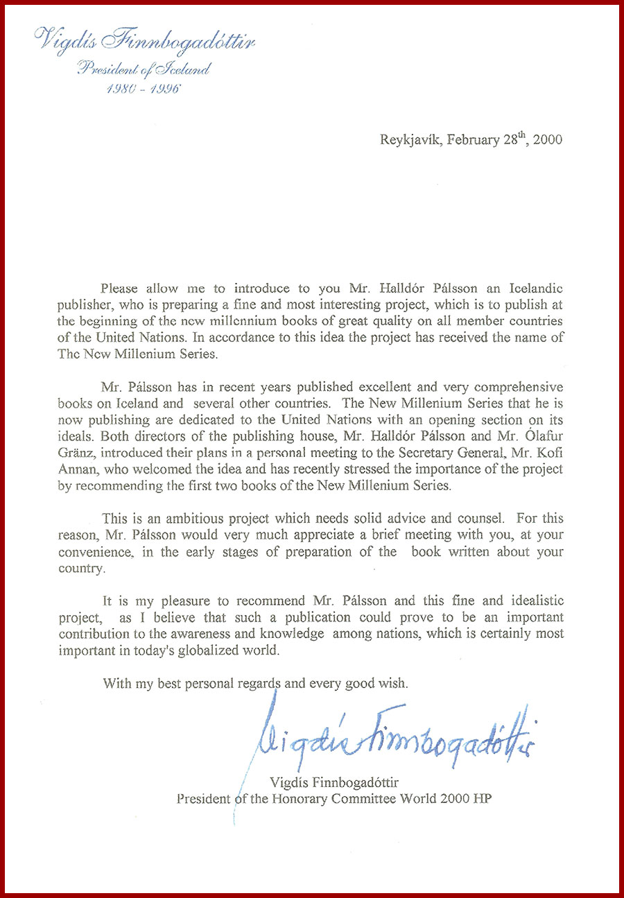 Letter from Vigdís Finnbogadóttir